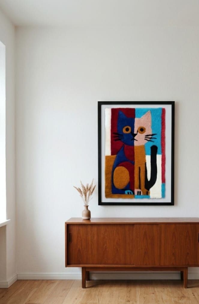 Split canvas cat rug on the wall